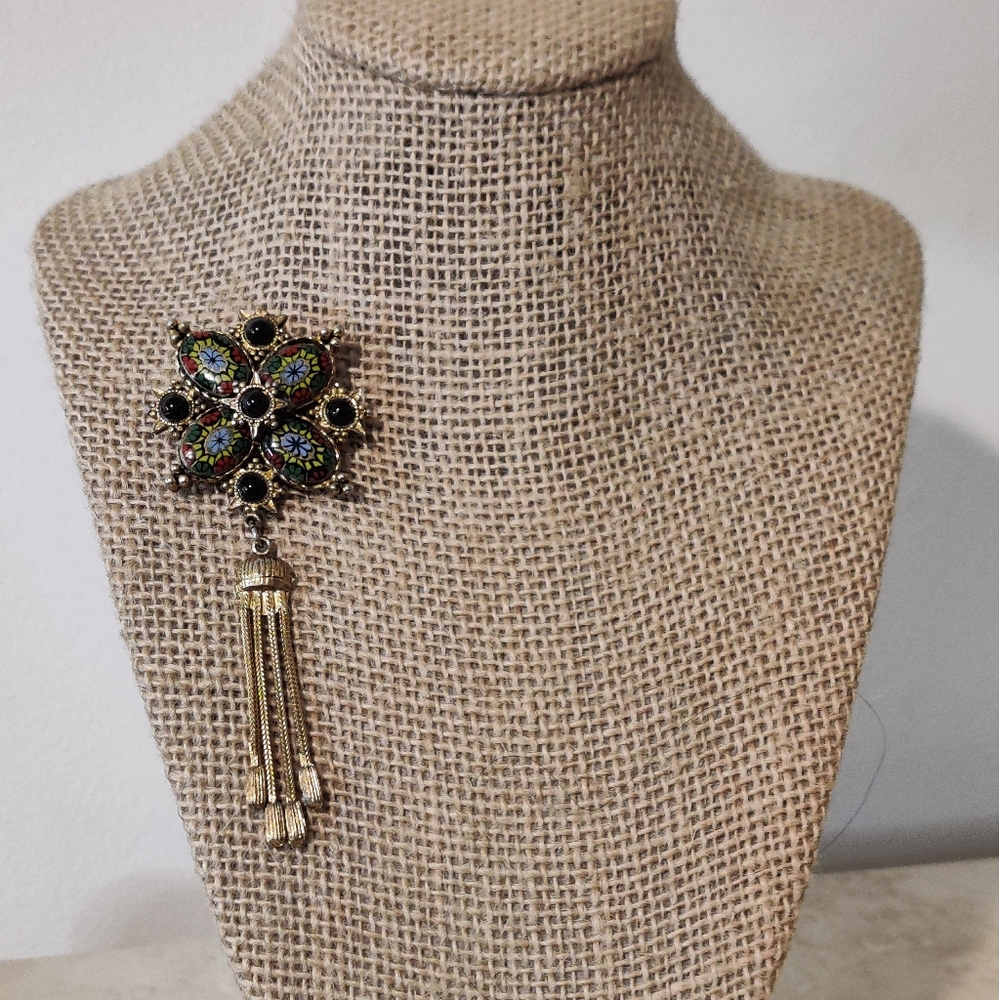 Vintage Laurentian Jewelry Manufacturing Moroccan Matrix Brooch with Tassels